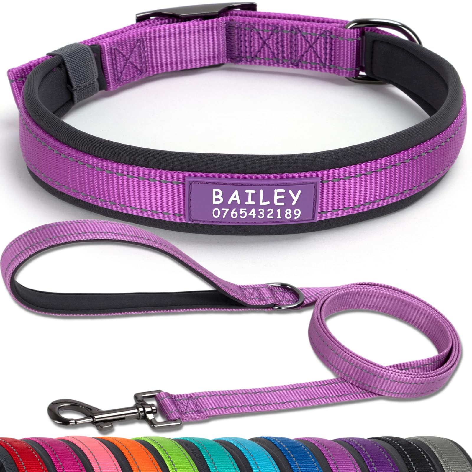 SEOUGEE Personalised Dog Collar and Lead Set | Durable Metal Buckle | Ultra Wide Soft Neoprene Padded | Adjustable Reflective Dog Collar for Medium Large Dogs (L, Purple Set 47-57cm)