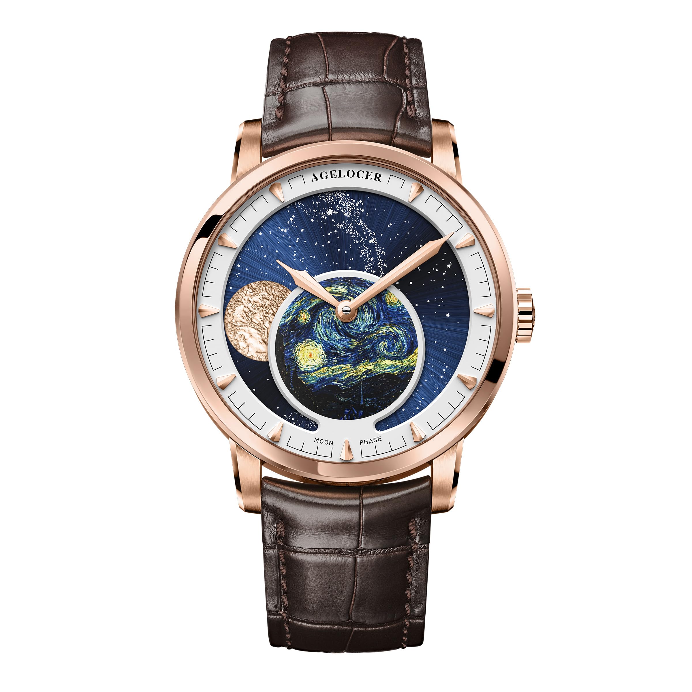 Luxury Automatic Mechanical Watch, Original Men Watch with 3D Starry Sky Moon Phase Watch Dial Skeleton Leather Men's Wrist Watch