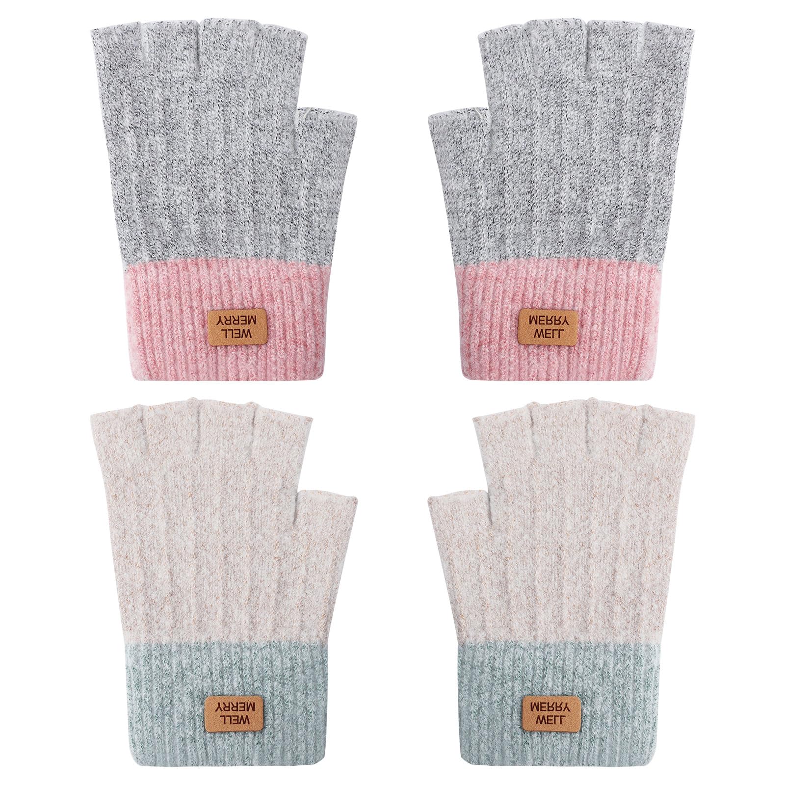 Infinizer Women's Grey + Khaki 2 Pairs Fingerless Gloves For Winter Warm Knitted Half Fingers Mittens Touchscreen Stretchy Thermal Fingerless Gloves For Driving Gaming Office (, One Size)