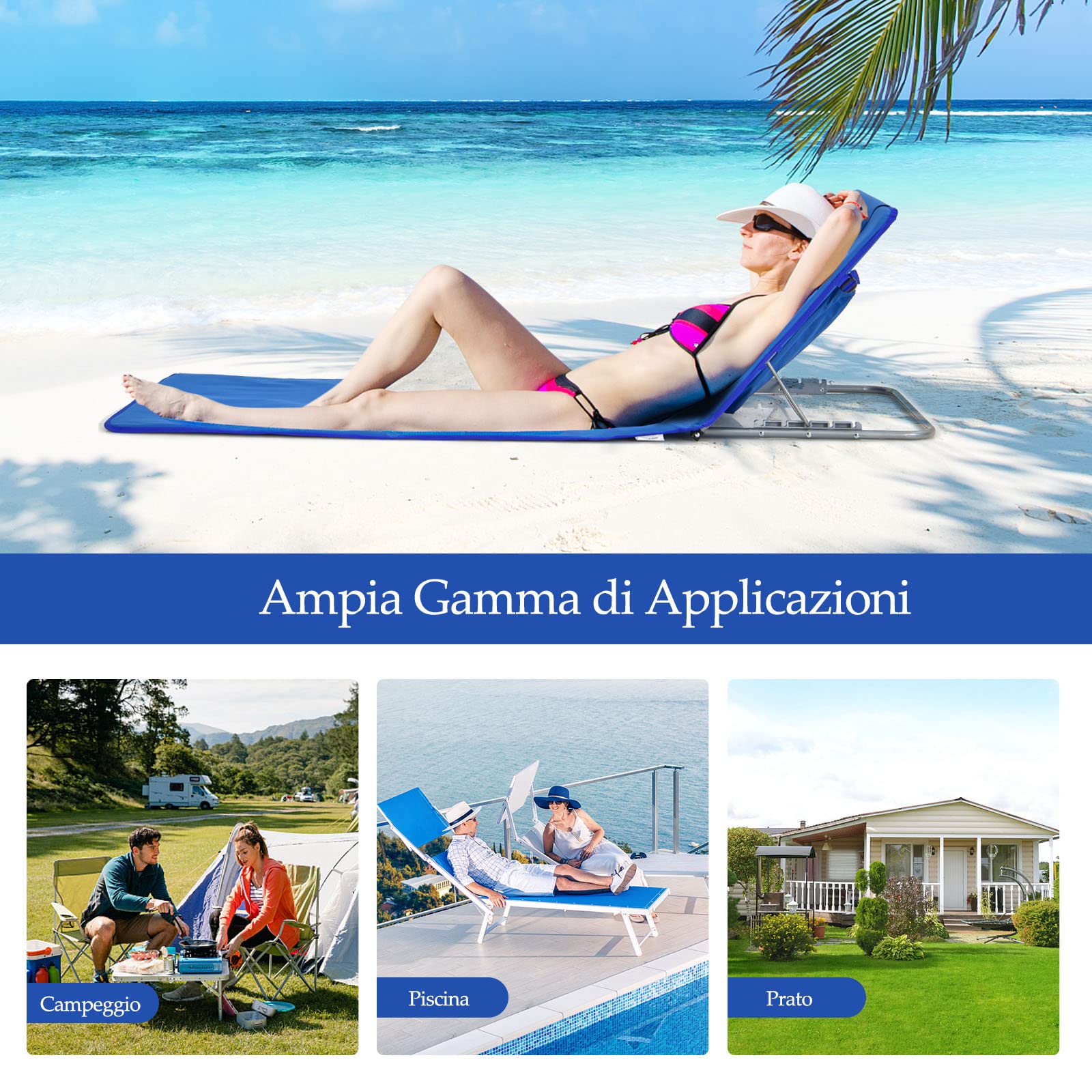 COSTWAY Set 2 Sdraio da Spiaggia con Tavolino, Tappettino Spiaggia Pieghevole con Schienale Reclinabile, Poggiatesta e Tasca Posteriore, Portatile con Manico, per Giardino e Campeggio (Blu)