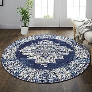 vivorug Round Rug 4ft Vintage Round Area Rug Non-Slip Indoor Carpet for Living Room Bedroom Entryway, Stain Resistant Home Decor Circle Rug, Navy Blue