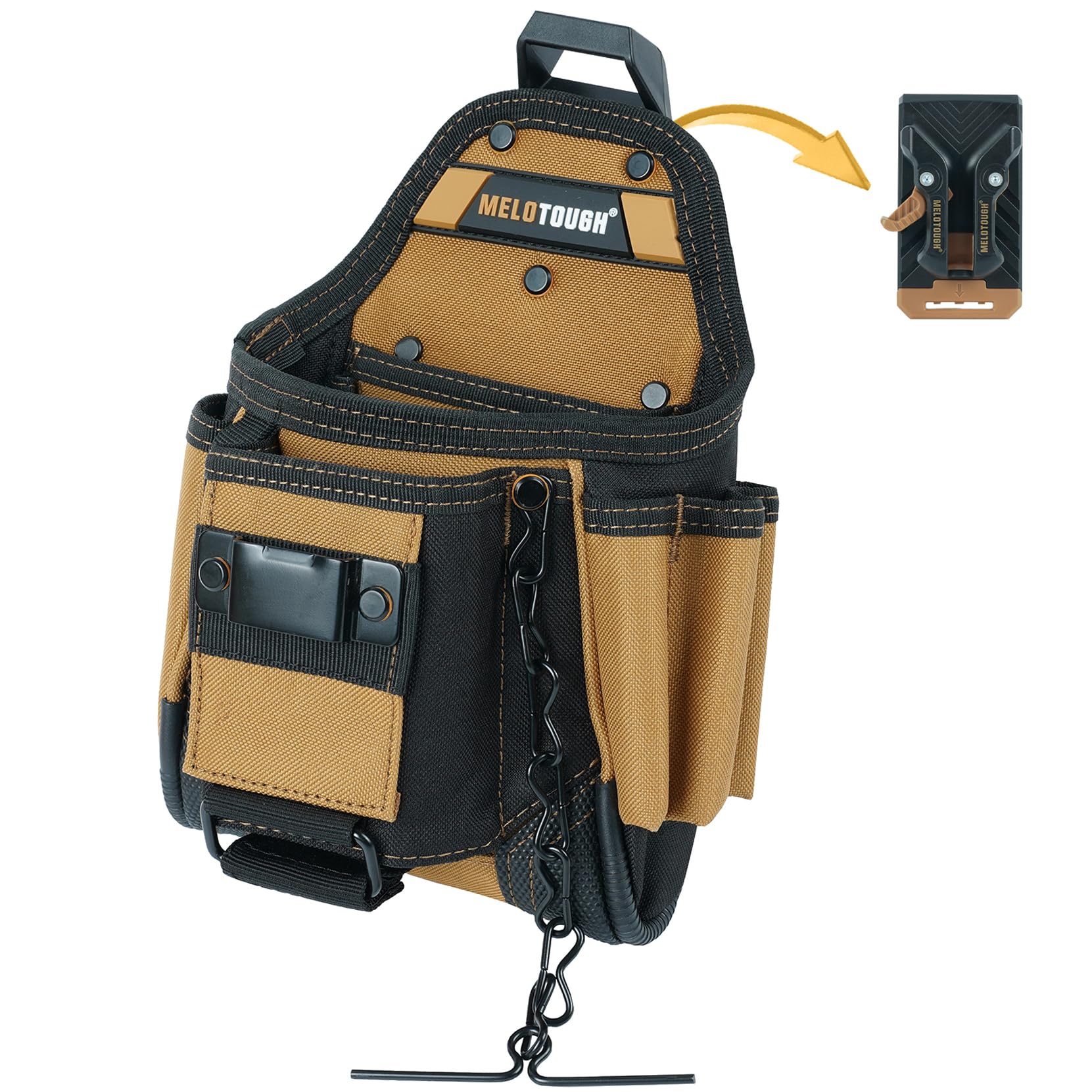 MELOTOUGH Pochette à outils avec clip de ceinture, 9 poches, sac à outils pour homme de travail, pochette avec ruban adhésif, étui à outils d'électricien
