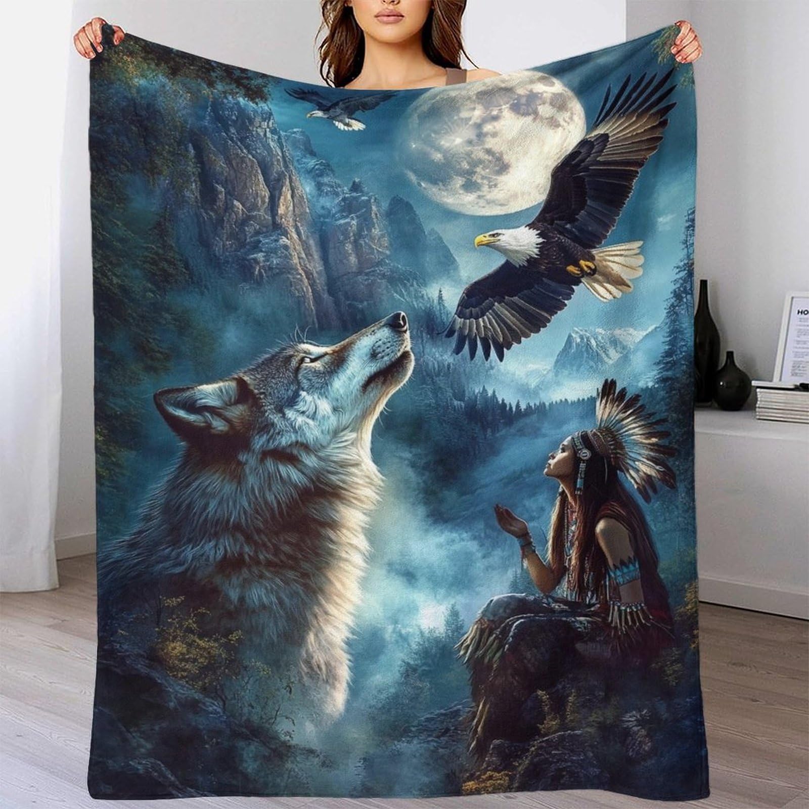 DAFUfbw Native American Fleece Blanket Throws for Sofas/bed/chair/camping Fluffy Warm Soft Mohican Wolf Eagle Blanket for Rest Time, Anti-Pill Fleece Blanket 60x80inch(150x200cm) Fit All Season