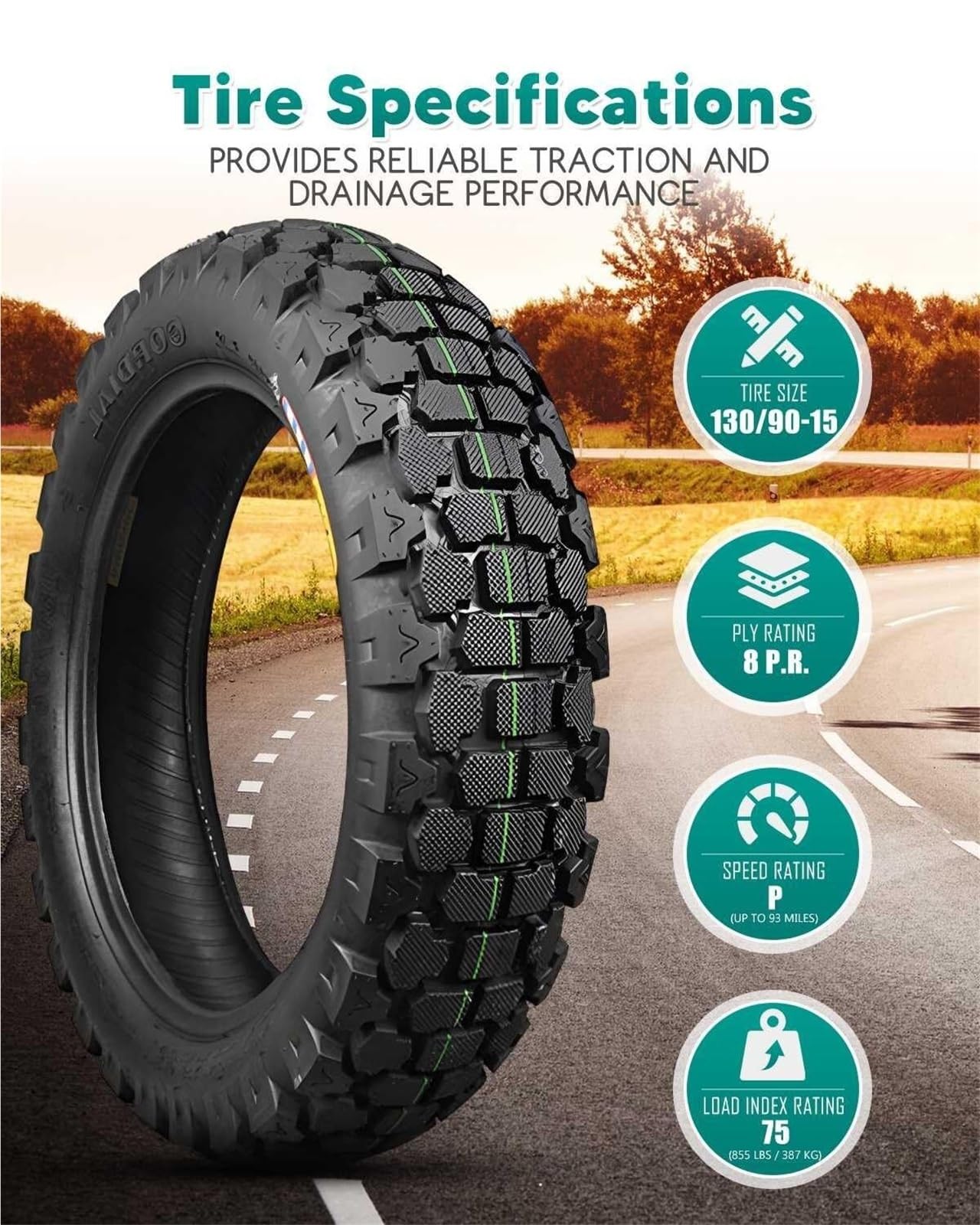 130/90-15 Opona Tył | Opony Bezdętkowe Terenowe | Opona Motocyklowa z Głębszym Ryfem | Odporna na Przebicia, Trwała | 75P 8PR