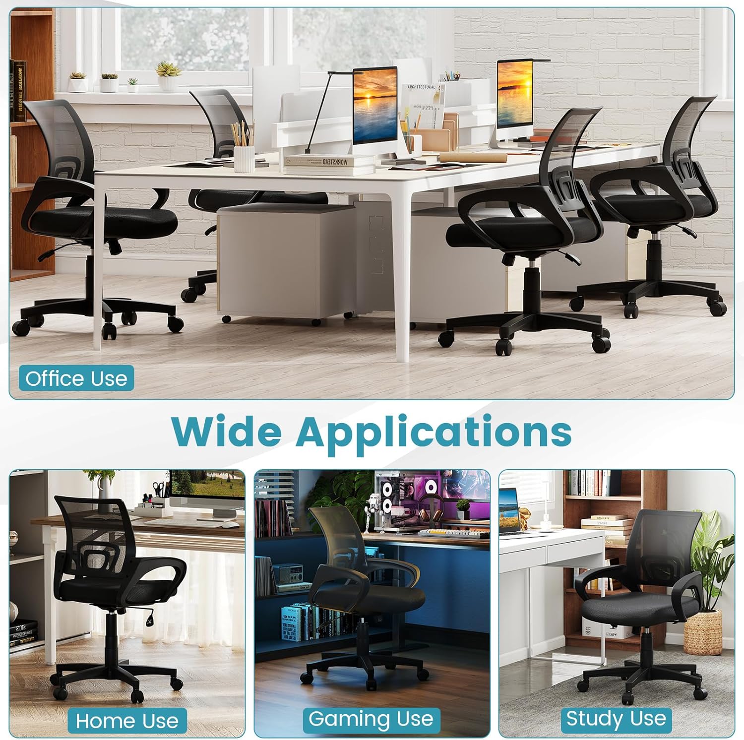 Giantex Ergonomic Mesh Office Chair, Mid-Back Computer Chair with Breathable Backrest, Lumbar Support and Adjustable Height, Gaming Chair, Swivel Rolling Desk Chair for Home Office, Task and Study