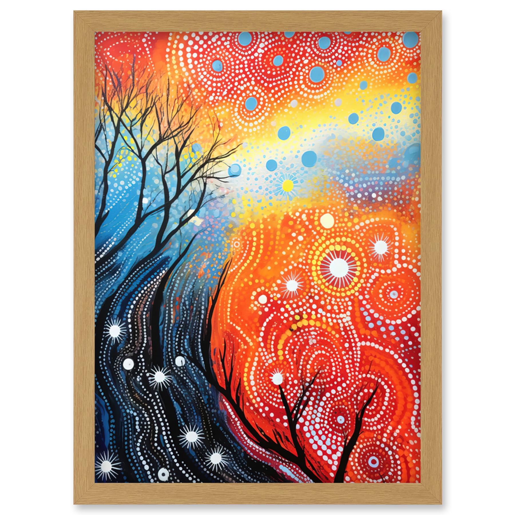 Artery8 Contemporary Aboriginal Artwork in Blue and Orange Vibrant Abstract Forest Trees and Stars Artwork Framed Wall Art Print A4