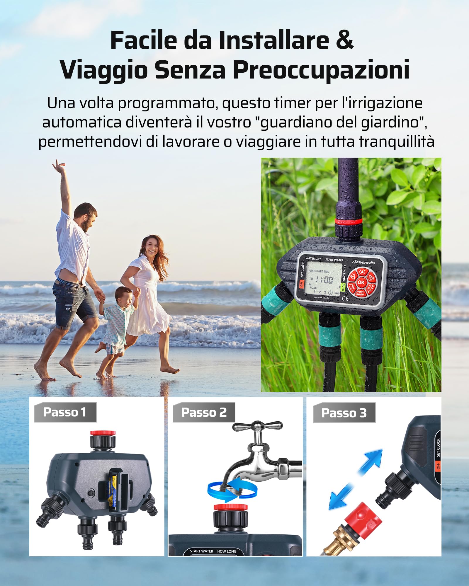 DEWENWILS Centralina irrigazione 4 vie, 4 Opzioni di Programmazione per vie, Timer Irrigazione Automatica, Ritardo della Pioggia/Modalità Manuale, Orologio da Giardino per Prati, Giardini