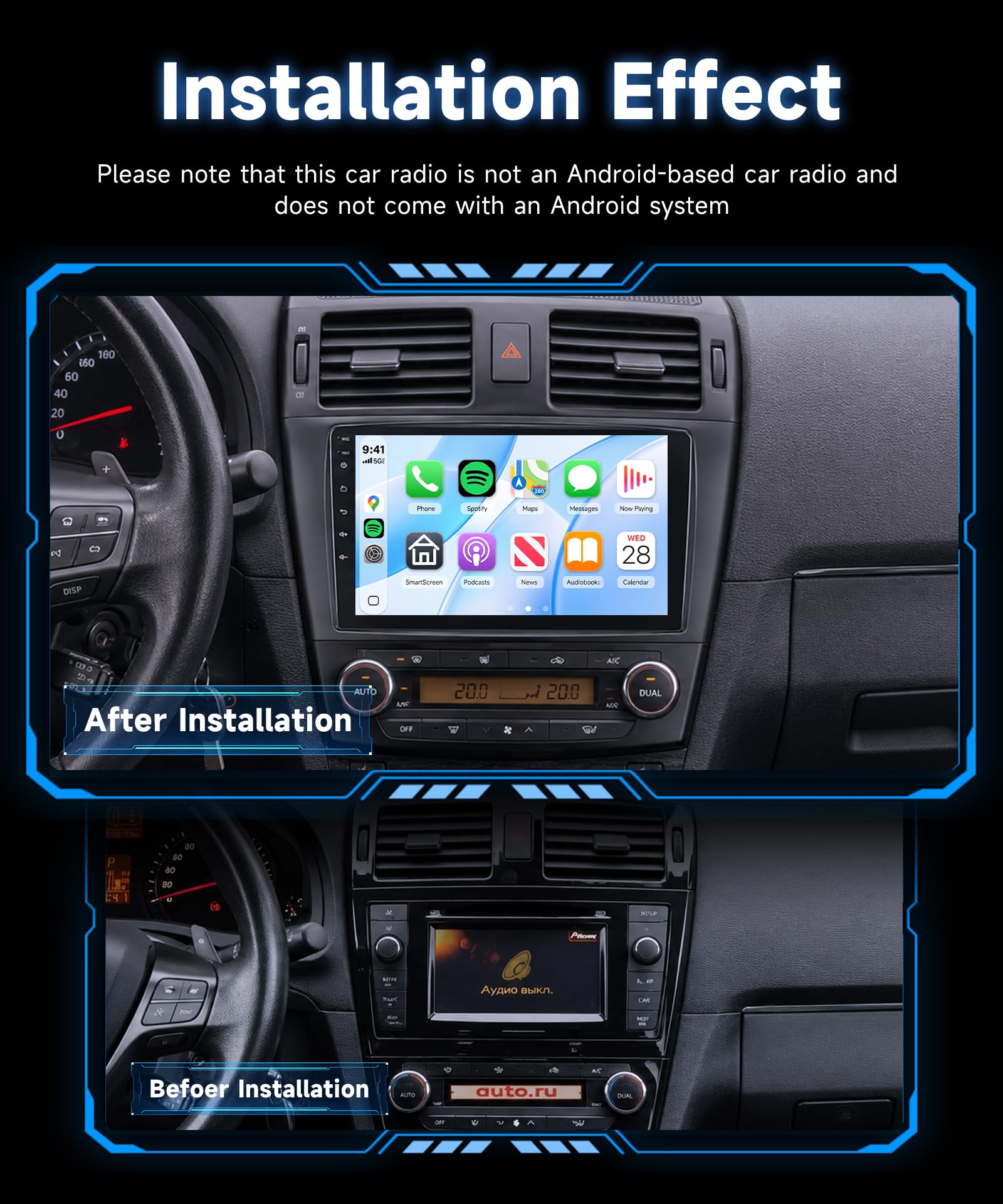 Rimoody Radio de Coche para Toyota Avensis T27 2008-2015 Inalámbrico Carplay Android Auto You-Tube Vi-Link Bluetooth FM/RDS DSP EQ, 9 Pulgadas Pantalla Táctil Radio Mirror Link USB SWC Cámara Trasera