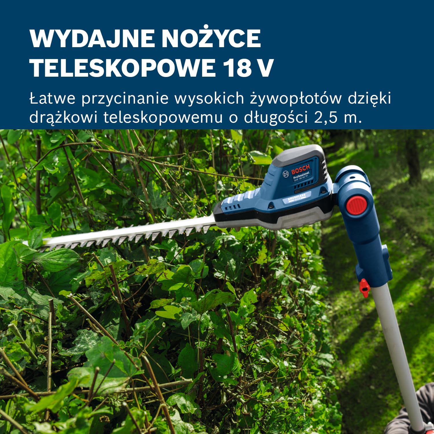 Bosch Professional 18V System Teleskopowe nożyce GHE 18V-50 TP (drążek teleskopowy 2,5 m, 3 400 skoków na minutę, odstęp pomiędzy nożami 23,5 mm, pas naramienny, bez akumulatora)