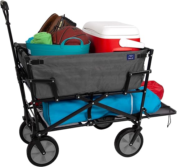 MacSports Double Decker Wagons Carts Heavy Duty Foldable Outdoor Collapsible Cart Portable Lightweight Utility Cart, All Terrain Sports Wagon for Camping Gear, Groceries, and More (Two Tone Gray)