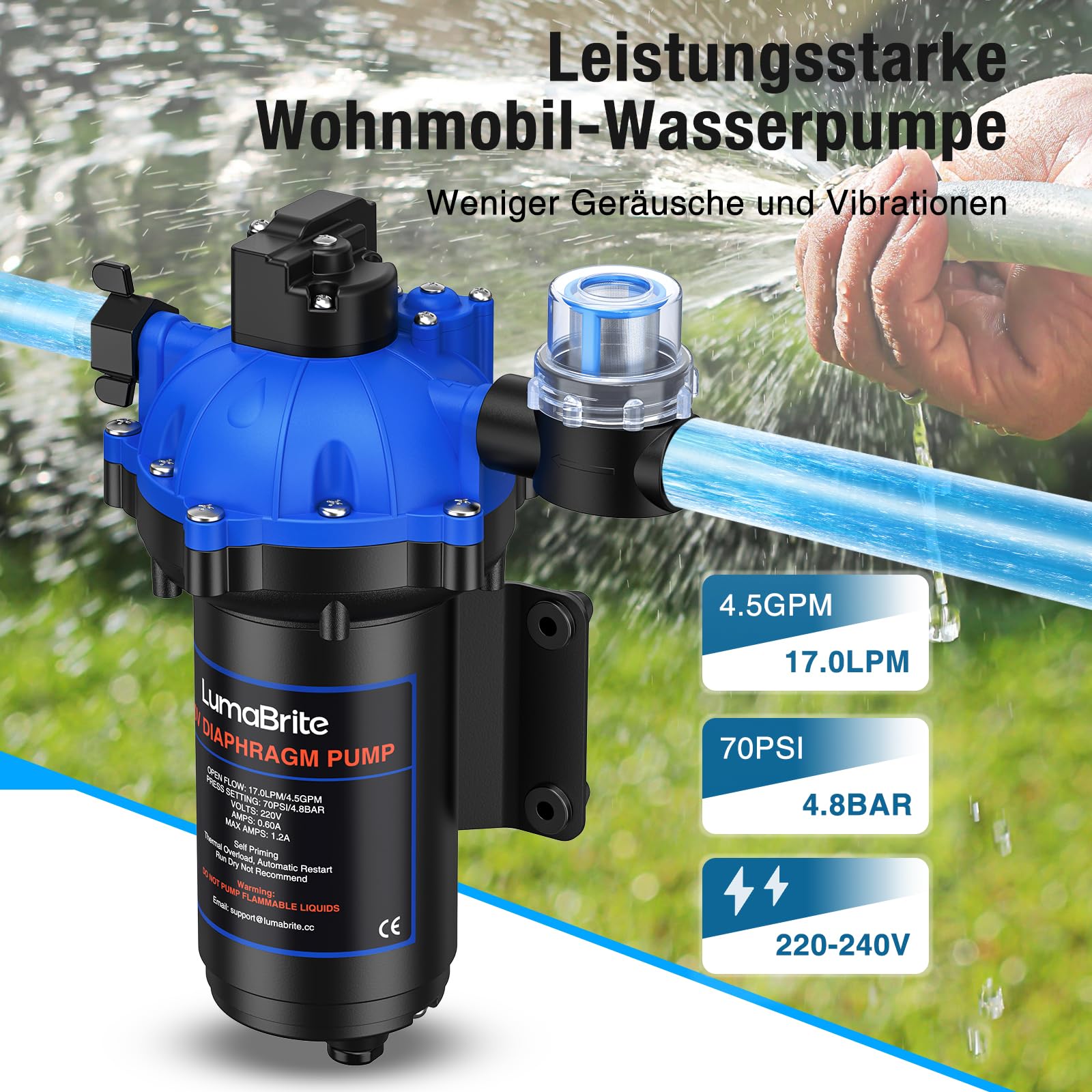 Pompa ad acqua compressa autoadescante AC 220 V, 4,5 GPM 70 PSI, pompa a membrana con pressostato per roulotte per il sistema idrico domestico, irrigazione