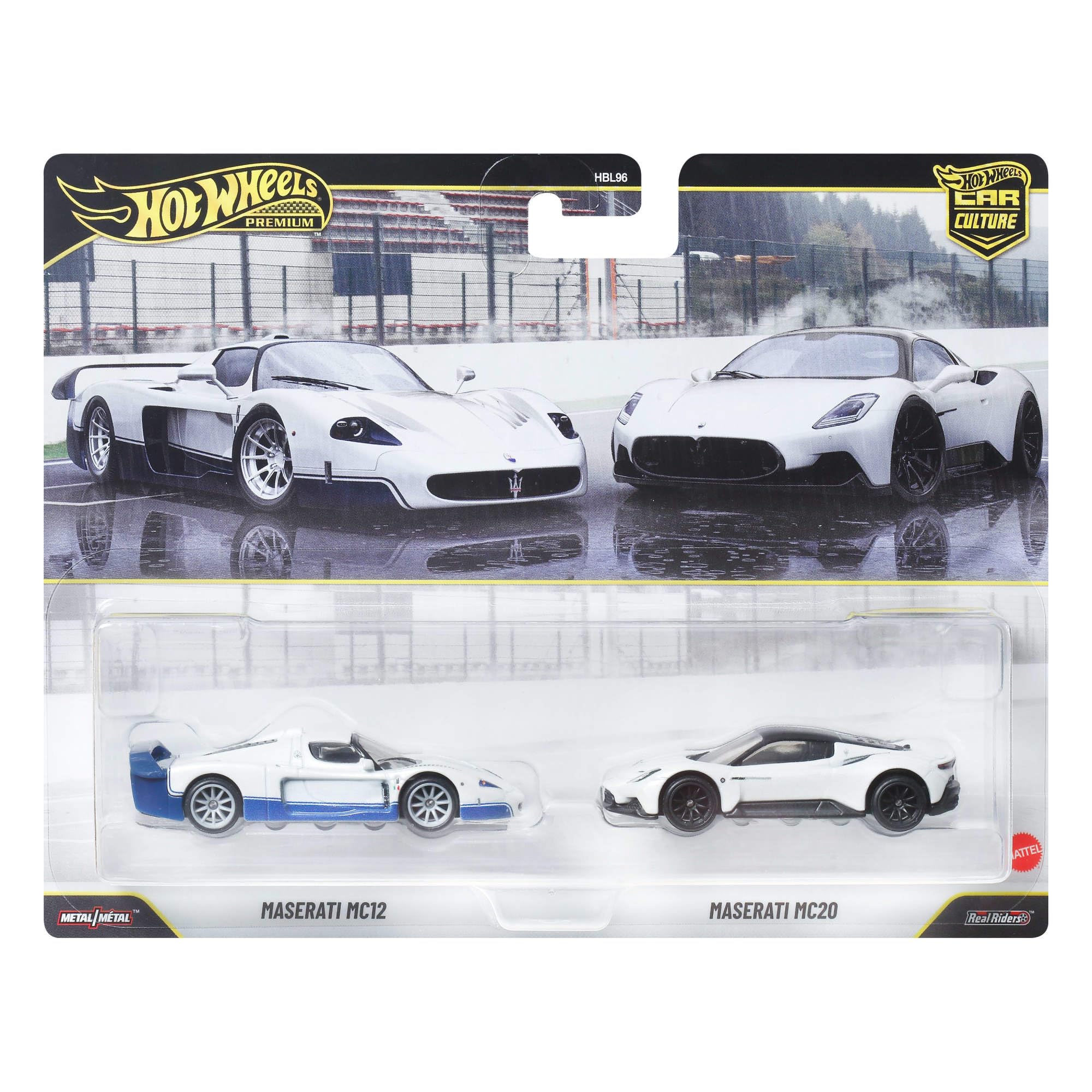 Hot Wheels Premium Toy Car Culture Maserati 2-Pack of Die-Cast Vehicles, 2004 Maserati MC12 & MC20 with Real Riders Tires & Metal/Metal Body, JHW55