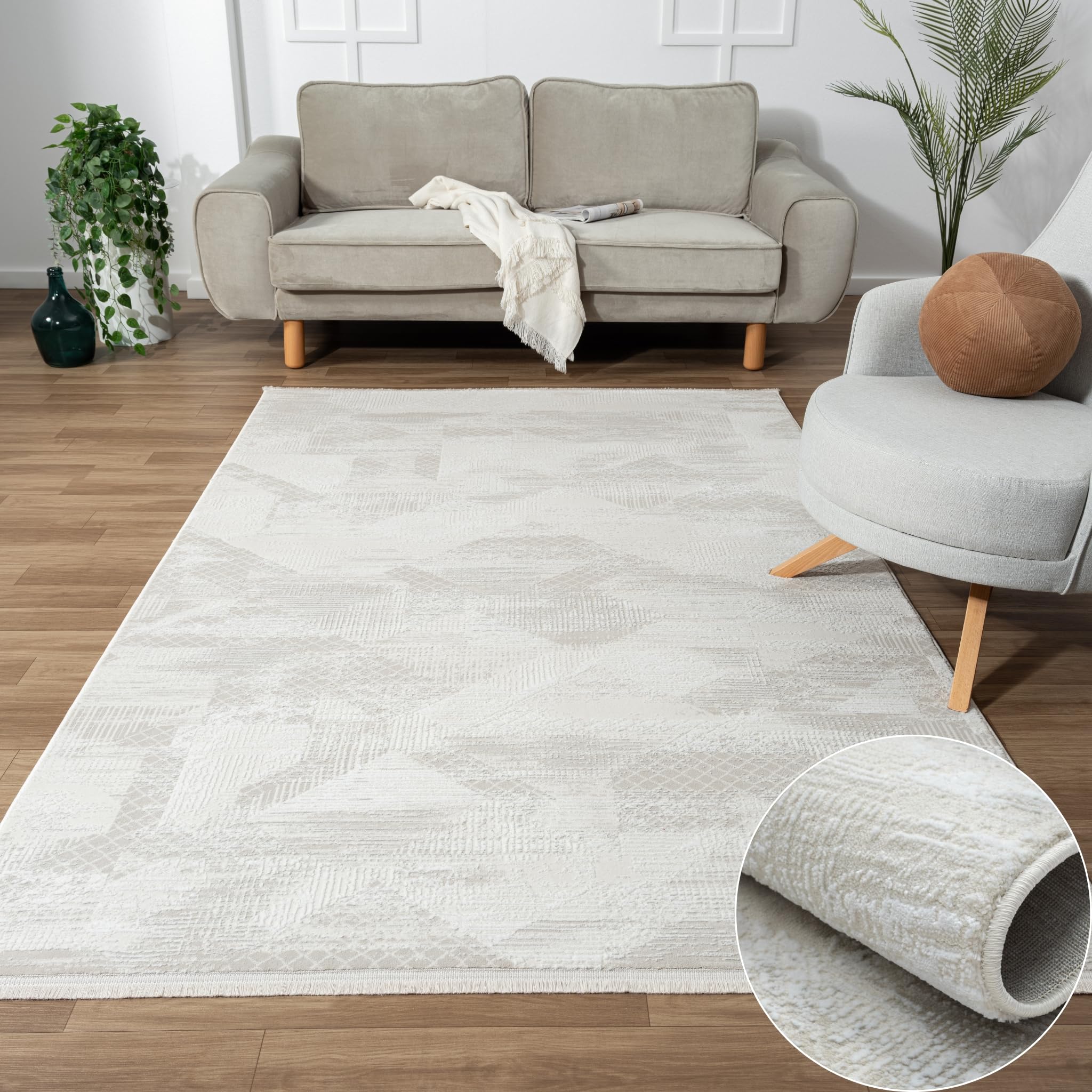MY-RUG Teppich Lovisa Creme 200x290 cm - Boho Kurzflor Wohnzimmerteppich