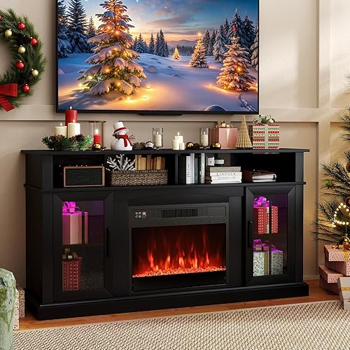 Miniatura 2 de COSTWAY Soporte eléctrico para TV con chimenea para televisores de hasta 65 pulgadas con luces LED, controles remotos, estantes ajustables,