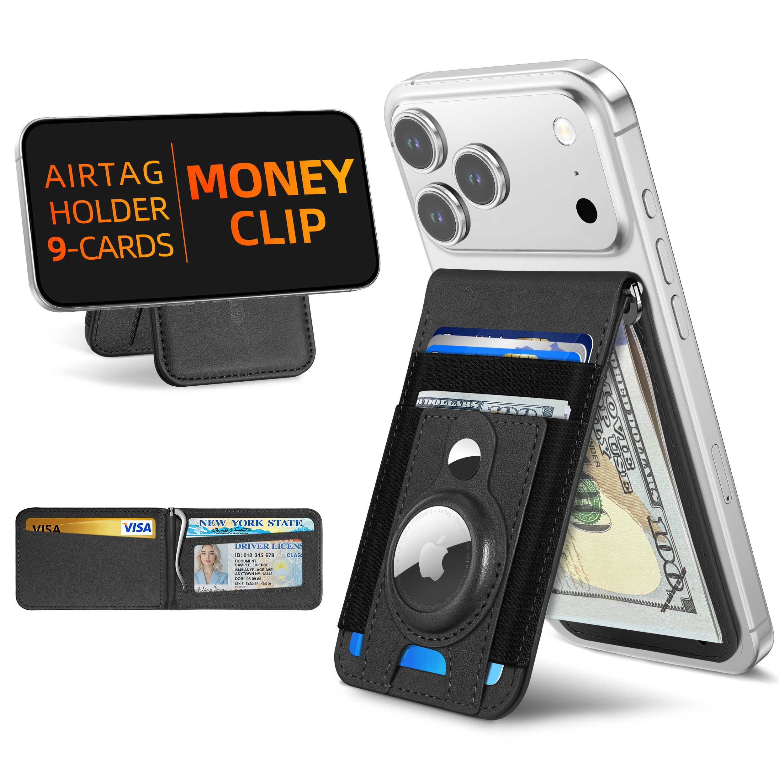 for Magsafe Wallet with Money Clip & AirTag Holder, 9 Card Holder, Strongest Magnetic Wallet for iPhone 17/16/15/14/13/12 Series (Not for Mini), Adjustable Stand, RFID Blocking, Black-image-39