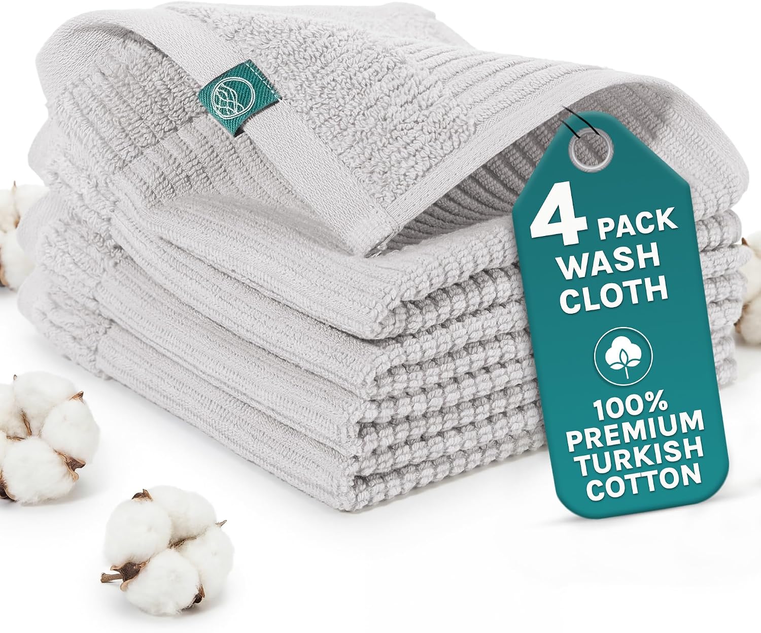 Arconiz Pure Basics Washcloths – 4 Pack 100% Turkish Cotton, Ribbed Quick-Dry Weave, Soft Absorbent Face & Wash Cloths with Hanging Loop, 13"x13" – Gray