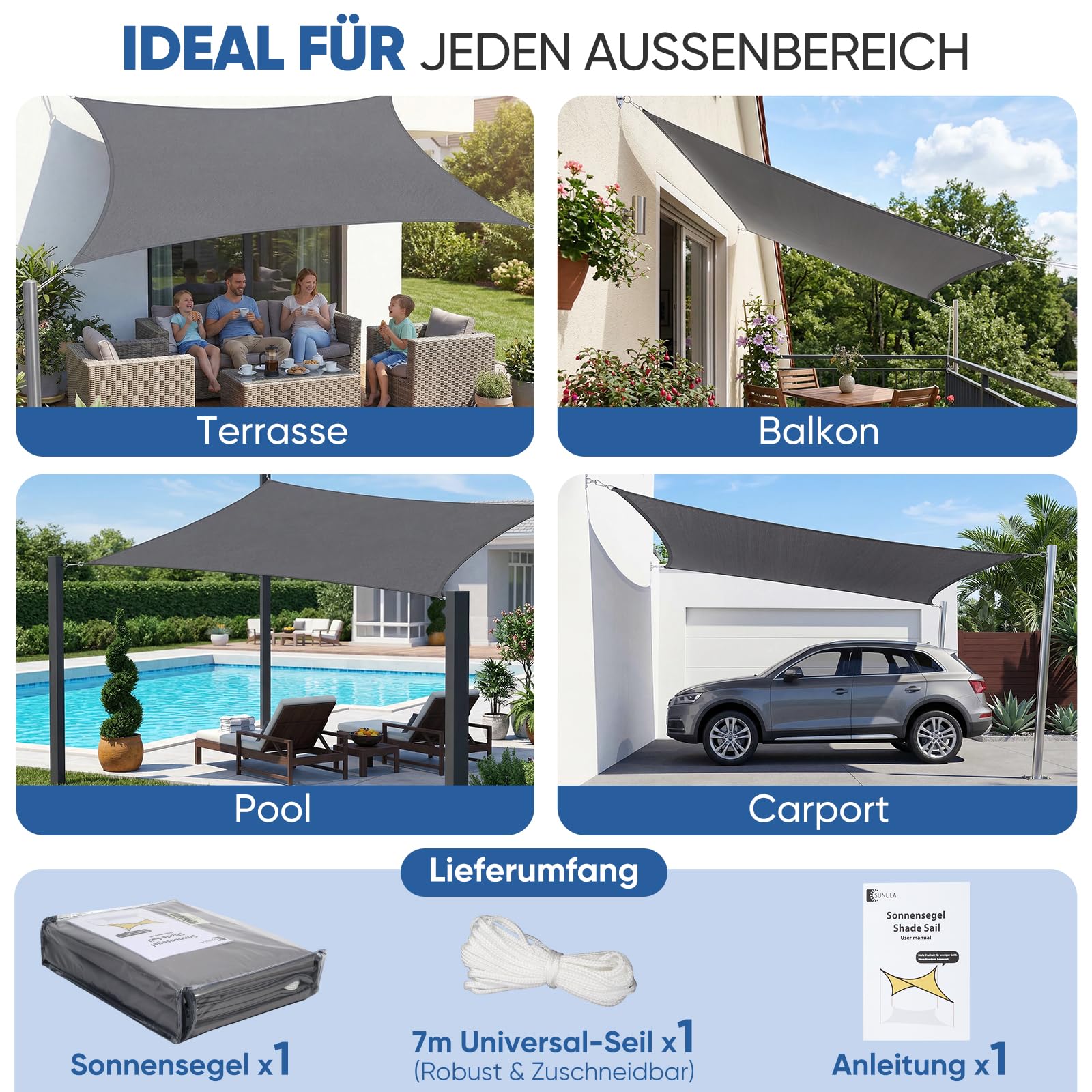 Sunula Sonnensegel Wasserdicht 2x3m Rechteckig – Keine Mittelnaht, hochdichtes PES 160g/m², reißfest & wetterfest, mit Lotus-Effekt & bis zu 95% UV-Schutz, für Balkon Terrasse Garten, Anthrazit
