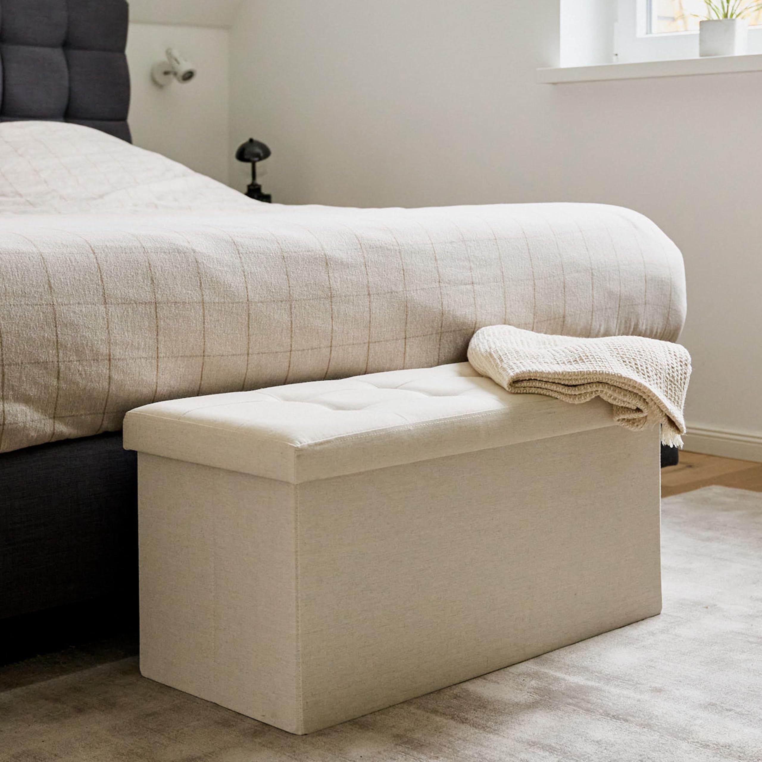 LOVE IT STORE IT Panca Contenitore Premium - Cassapanca In Tessuto Di Lino - Pieghevole - Rinforzi in Legno - Confortevole E Stabile - 76x38x38 cm - Beige