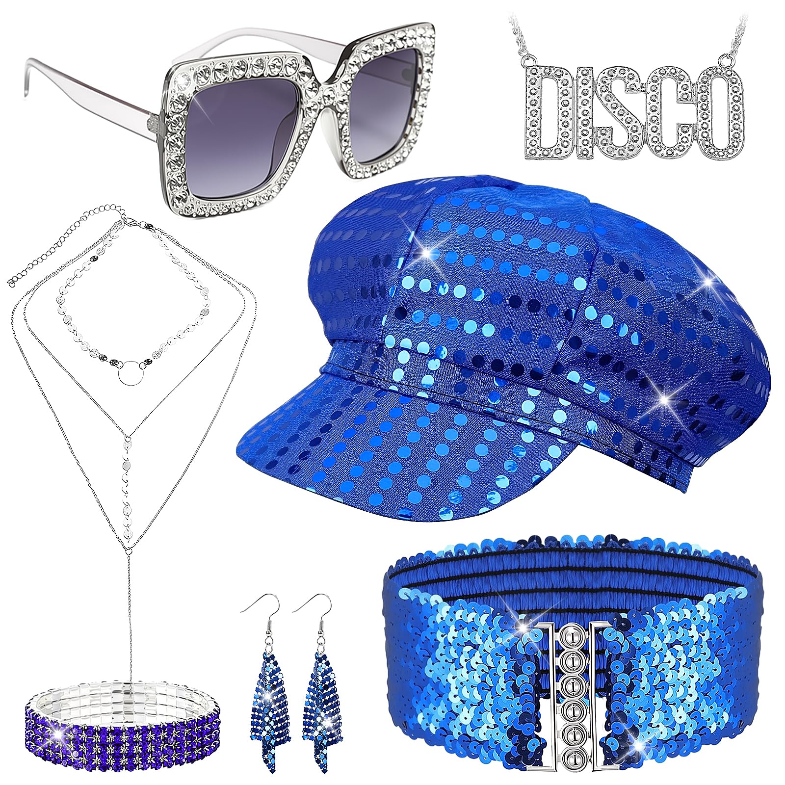 Jokureao 7 Pcs 70s Disco Accessories Set for Women, 70s Costume Accessory Outfits with Sequin Hat Belt Sunglasses Pendant, Retro Disco Costume Kit for Theme Party Halloween Festival Stage