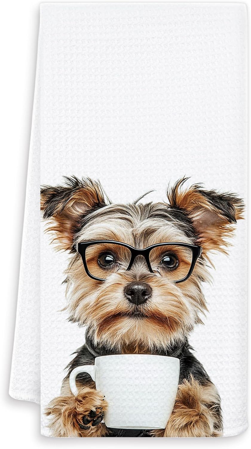 Funny Coffee Yorkshire Terrier Kitchen Towels, Gifts for Yorkie Lovers Dish Tea Towel for Kitchen Coffee Bar Station Decor, Dog Lovers Mom Gifts Hand Towels, 16x24 Inch