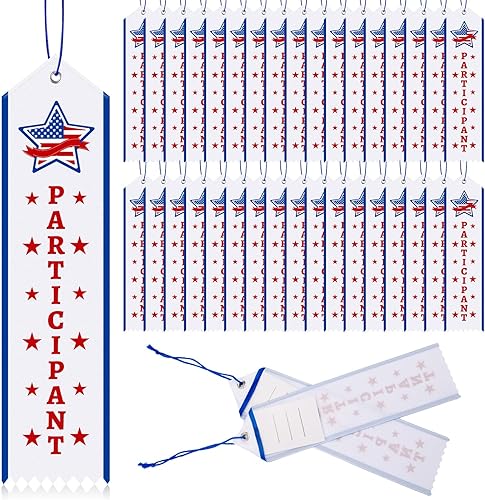 Crowye 100 cintas de premio para participantes con cuerda de tarjetas, cintas patrióticas de participación, cintas para el día de campo escolar,
