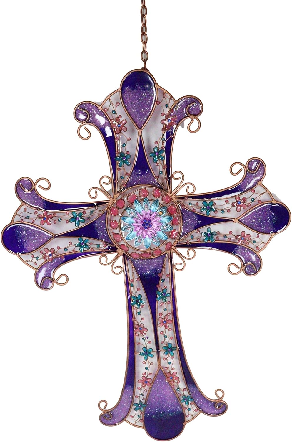 Ebros Royal Purple Glitter Stained Glass Floral Celtic Cross With Gemstones Relaxing Copper Hanging Mobile Wall Decor Accent Home Patio Christian Inspirational Crosses Mobiles