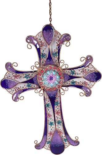 Ebros - Cruz celta floral con purpurina púrpura real con piedras preciosas relajante cobre colgante decoración de pared móvil acento hogar patio
