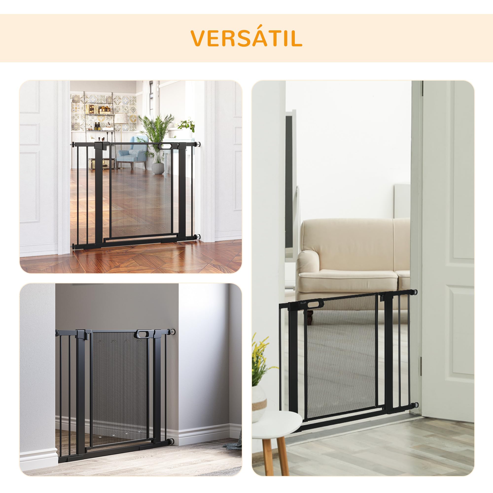 PawHut Barrera de Seguridad para Perros Extensible 75-103 cm Barrera para Escalera Puerta con 2 Extensiones 7 y 14 cm Doble Bloqueo Cierre Automático Negro