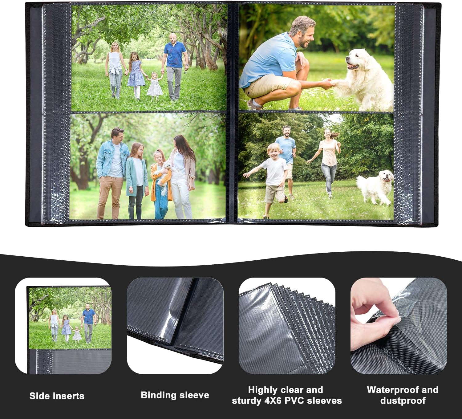 Photo Album 4x6 with 100 Pockets, Slip-in Picture Albums, Linen Cover Memory Book with Front Window, Black Page Vertical Photo Book for Wedding, Family, Anniversary, Baby, Vacation(Black)