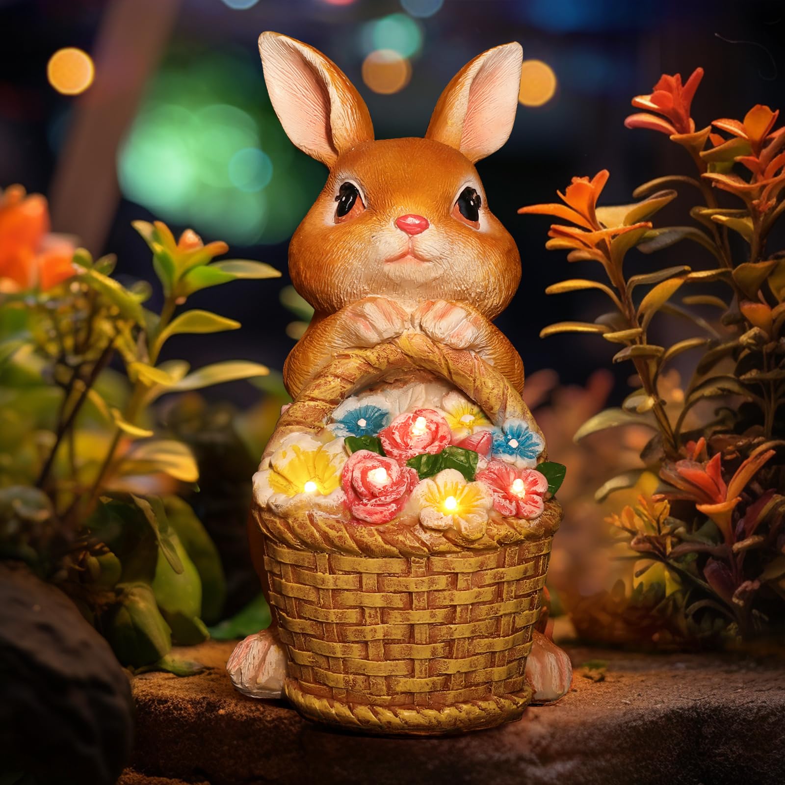 Eletorot Solar Rabbit Garden Ornaments Outdoor Easter Decorations, Bunny Statue Decor Birthday Gifts with Warm Light, Waterproof Resin Sculpture for Spring Decorations Home, Unique Gardening Presents