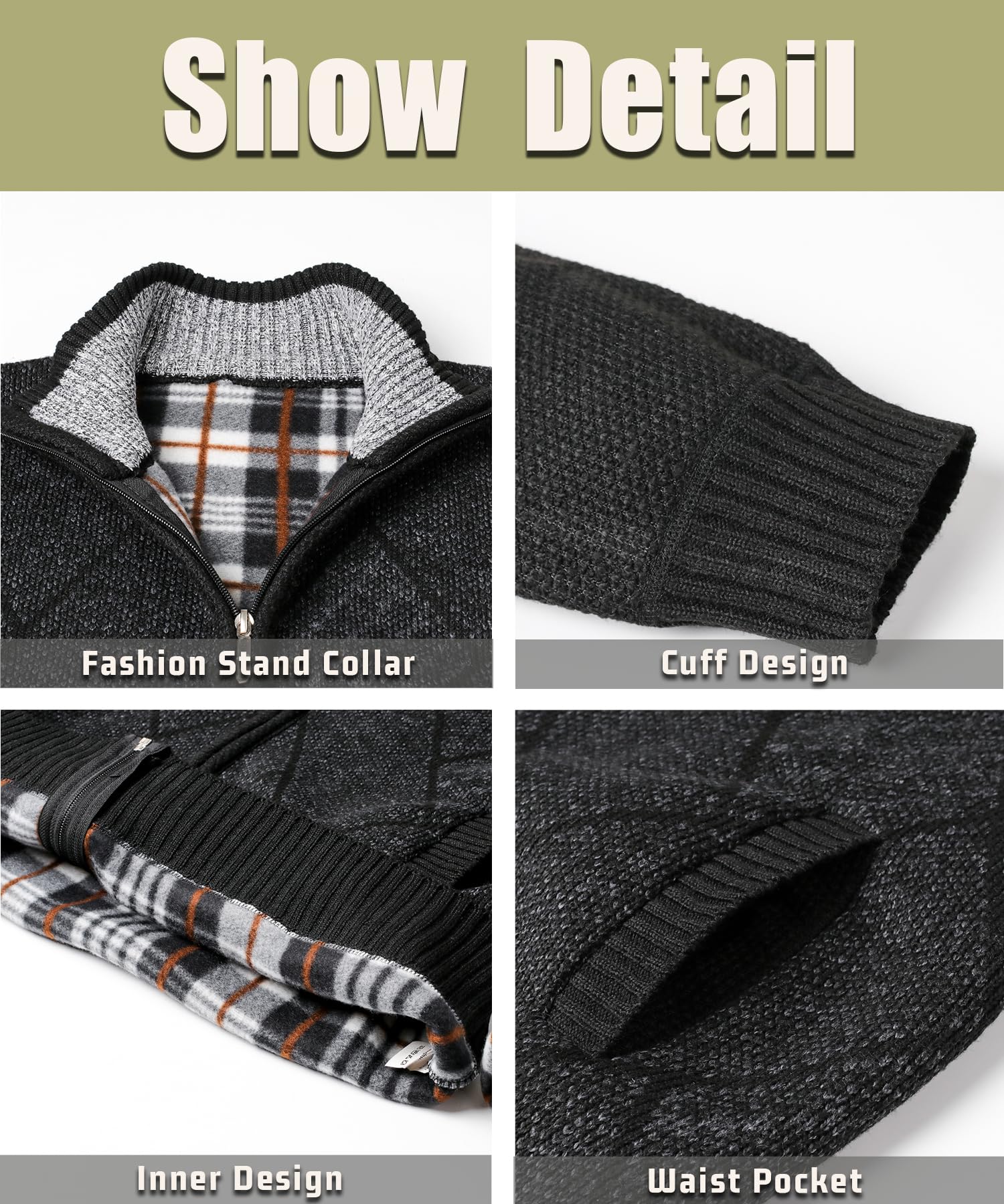 Cárdigan de Punto para Hombre Otoño Invierno Cálido Suéter con Forro Polar Cremallera y Bolsillos