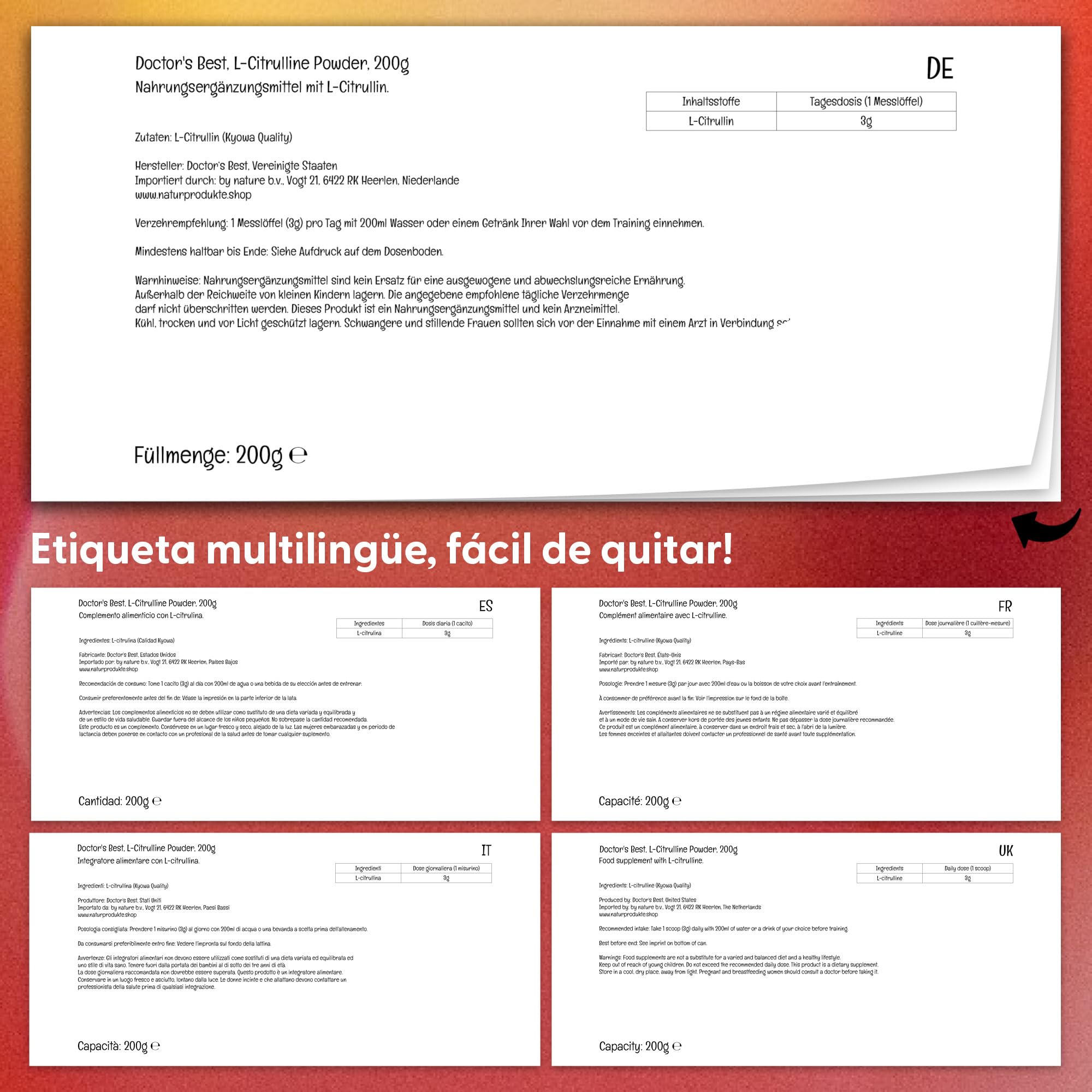 Doctor's Best, L-Citrulline (L-Citrulina), 200g Polvo Vegano, Aminoácido, Probado en Laboratorio, Sin Gluten, Sin Soja, Vegetariano