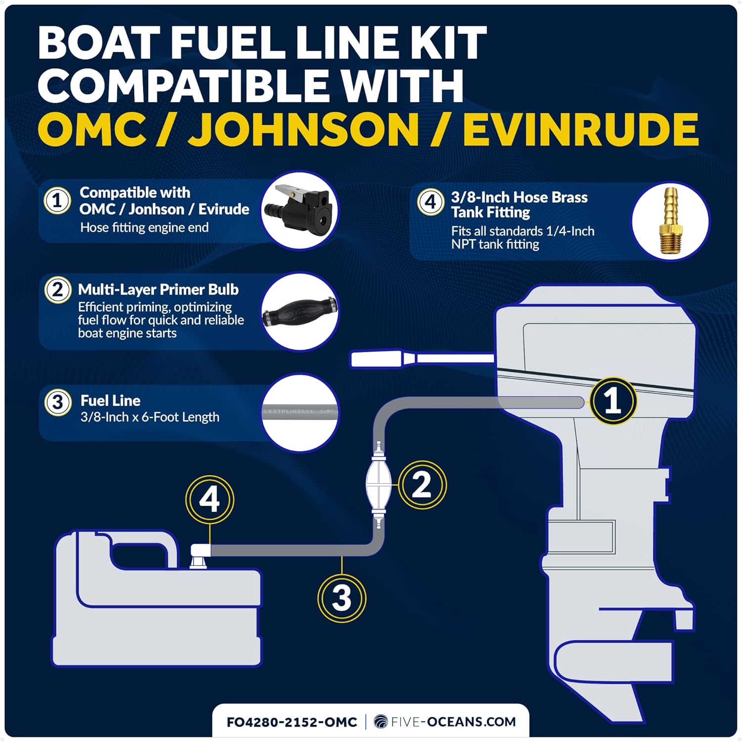Five Oceans Marine Boat Fuel Line Assembly with Primer Bulb Kit - Compatible with OMC/Johnson/Evinrude, 3/8-Inch x 6-Foot, EPA/CARB Approved - FO4280-2152-OMC