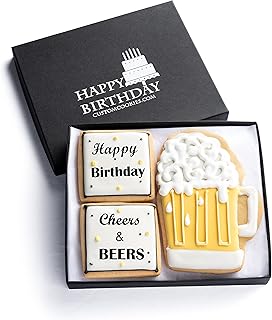 Happy Birthday Gift Basket Custom Sugar Cookies - Happy Birthday Cookies in Gift Box, delivery by Prime - Hand Decorated Kosher Treats for Men, Him, Husband - Bakery & Dessert Gifts as a Birthday Cake