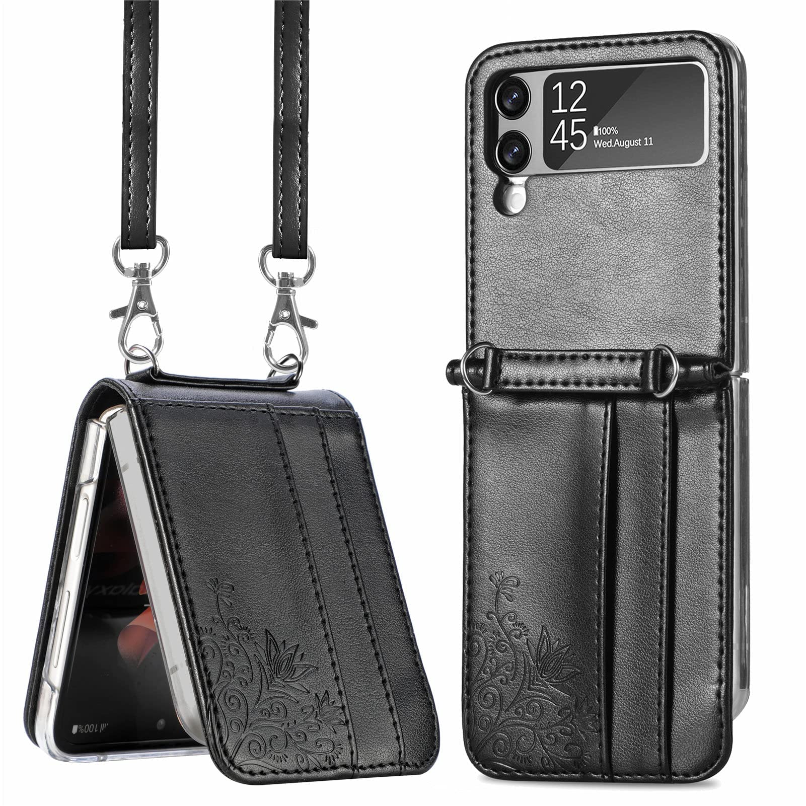 NP Case for Galaxy Z Flip 4 5G,Samsung Z Flip 4(2022) Leather Wallet Case,Adjustable Crossbody Lanyard Durable Card Slots Shockproof Protective Cover for Samsung Galaxy Z Flip 4 (Black)