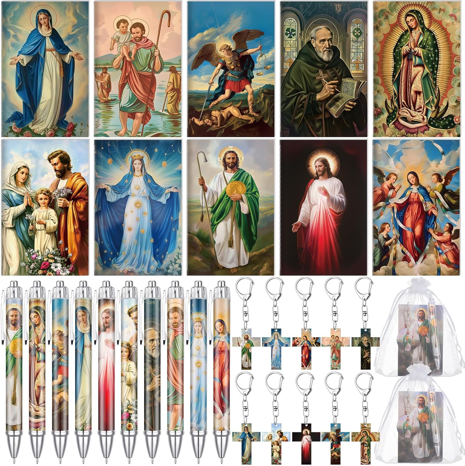 Sayglossy 20 Sets Christian Catholic Gifts Saint Prayer Notebook Acrylic Keychain Ballpoint Pen Organza Bag Catholic Easter Religious Gift (Christian)