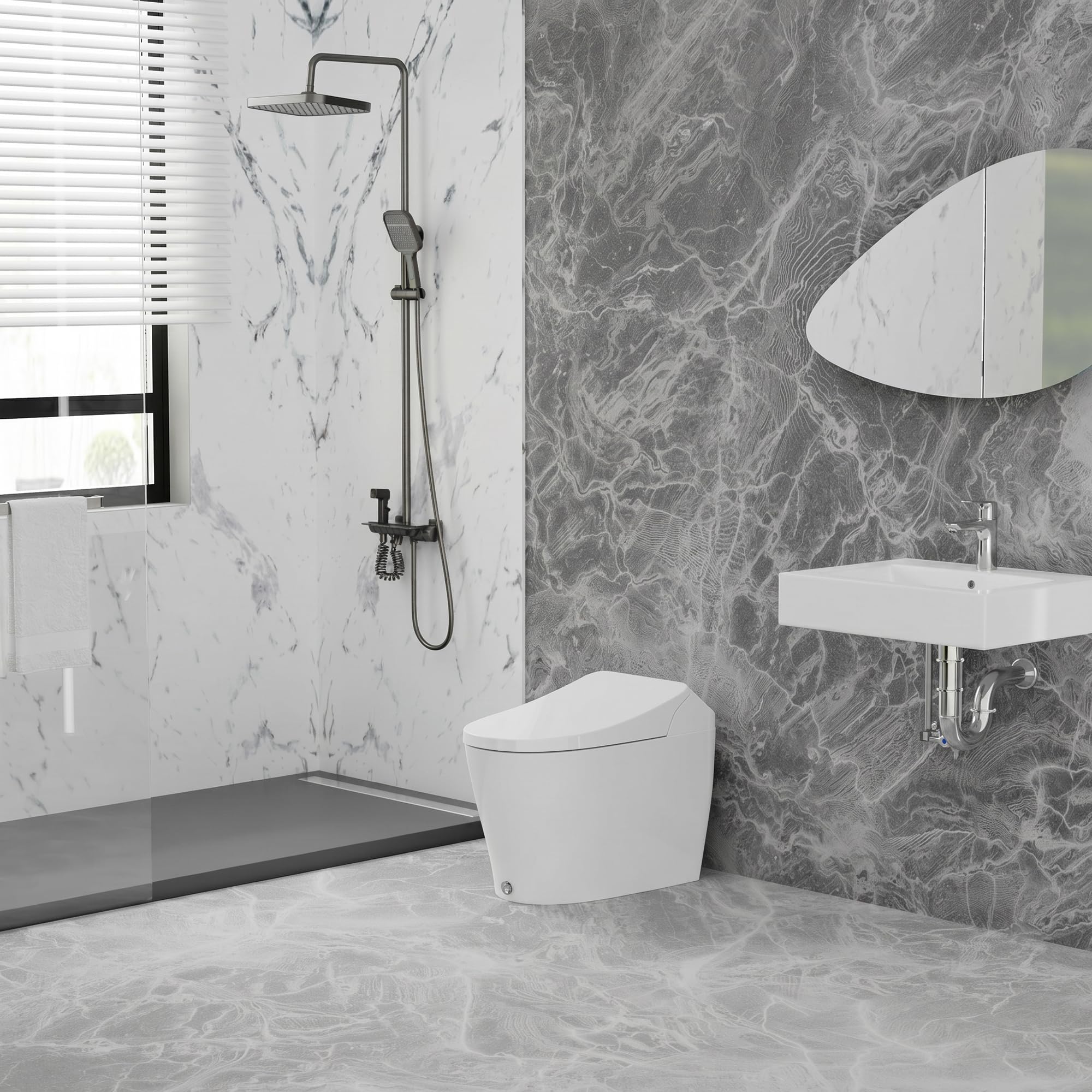 VANCOCO Grau Thermostat Duschsystem Komplettset Messing | Regendusche, Handbrause, Bidetsprayer und unterer Wasserauslass, wassersparende Duscharmatur