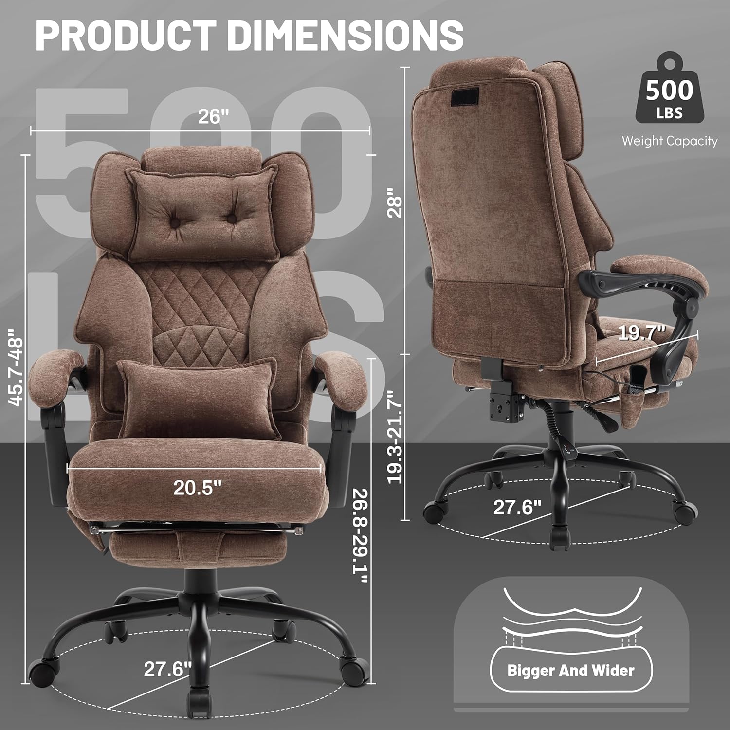 Massage Office Chair with Foot Rest,Kneading & Heat Executive Office Chairs,Big and Tall Fabric Office Chair 500LBS,Ergonomic Desk Chair for Heavy People,Recliner with Dual-Use Pillow,Brown