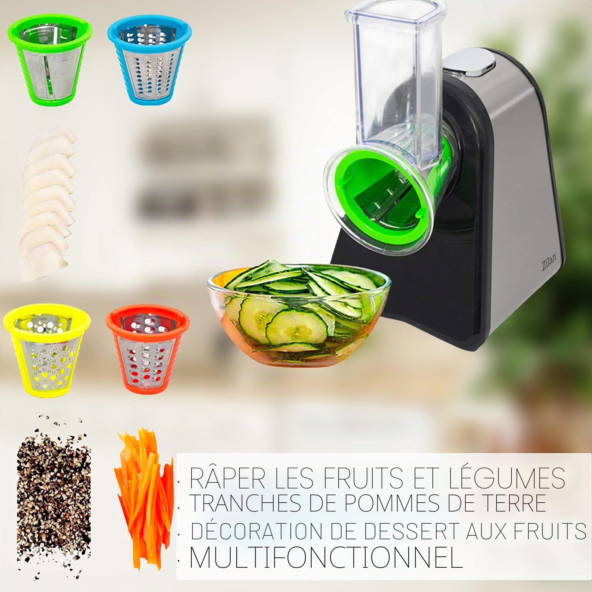 Râpe de cuisine électrique | 200 W | 4 embouts | tambours en acier inoxydable | mandoline électrique robot de cuisine râpe multifonction | râpe électrique |