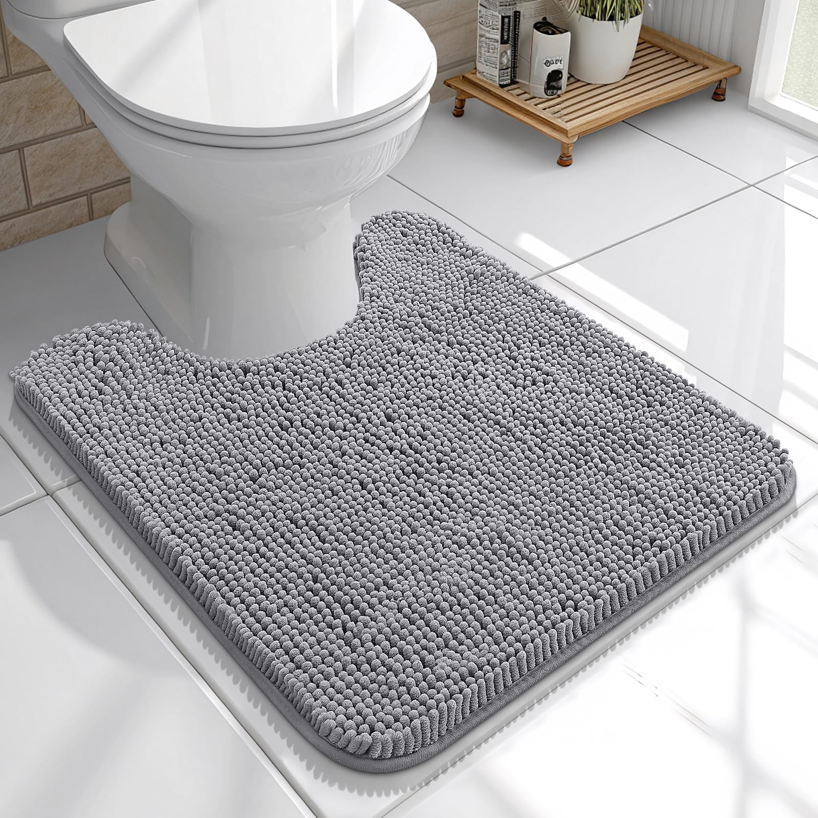 OLANLY Toilet Rugs U-Shaped 20x20, Soft Absorbent Chenille Contour Rugs | Grey, Quick-Drying Rubber Backing, Machine Washable Non-Slip Shaggy Bathroom Mat for Toilet, Home Decor Accessories