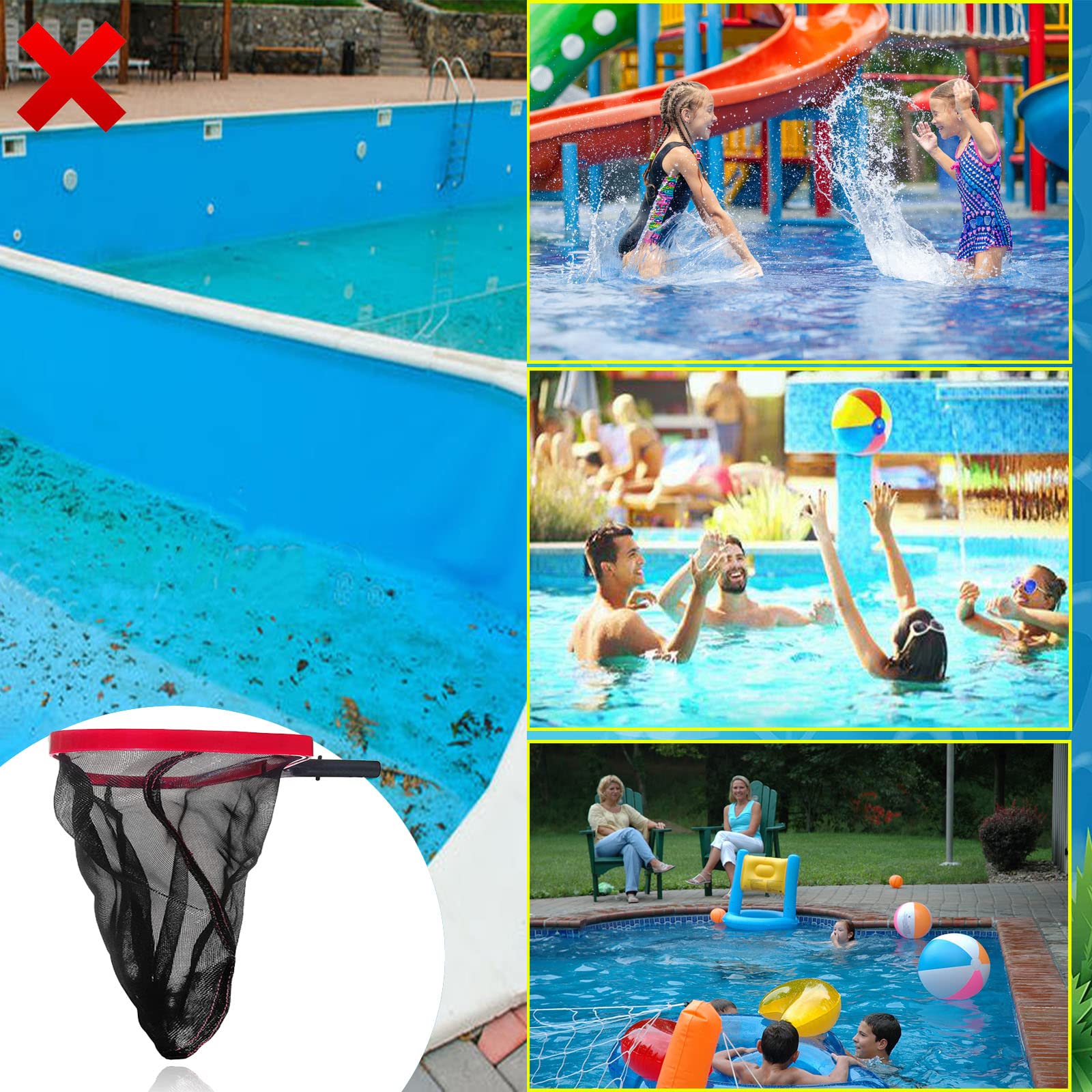 Écumoire de Piscine/Nettoyeur de Piscine, épuisette Profonde pour Piscine, Panier d'épuisette à Feuilles, épuisette à Mailles Fines pour Le Nettoyage des Feuilles et débris (Rouge)