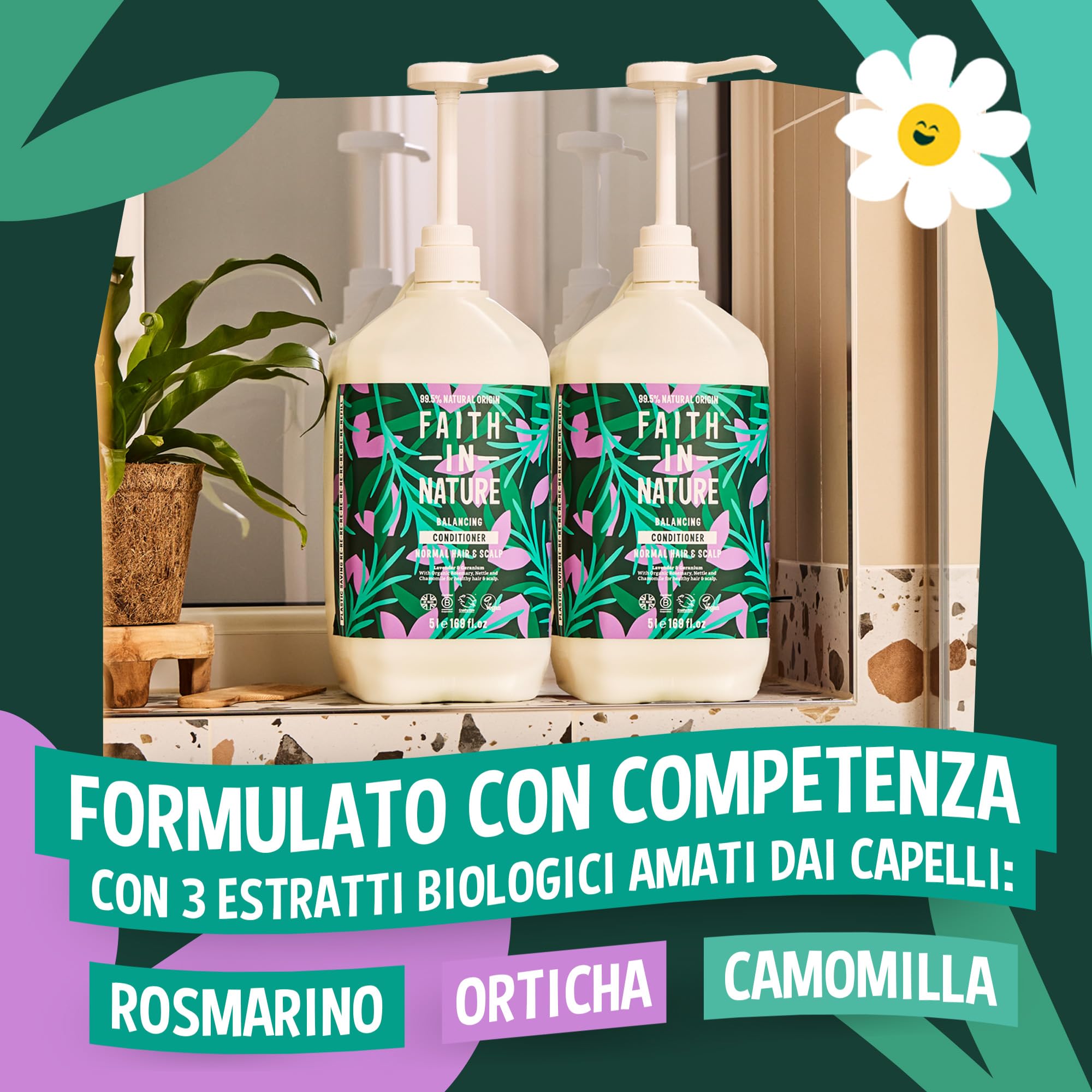 Faith In Nature Balsamo Naturale Lavanda e Geranio, Equilibrante per Capelli e Cuoio Capelluto Normali, Vegano e Cruelty Free, Senza SLS, Siliconi o Parabeni, Confezione Ricarica 5L