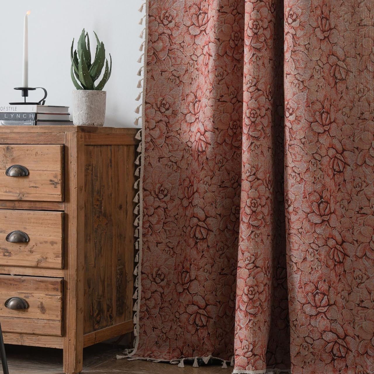 USTIDE Rustic Pink Jacquard Curtain - 150x180cm 1 Panel, Light-Filtering Drapes with Tassels, Farmhouse Chic for Bedrooms & Bay Windows — image 1