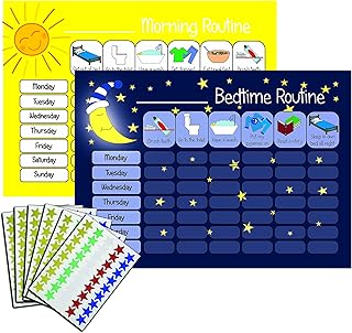 kids2learn Children's Morning & Bedtime Routine Reward Charts (Twin Pack) & 270 Stickers for boys girls Daily Routine Visual Aid - Dark Blue & Yellow