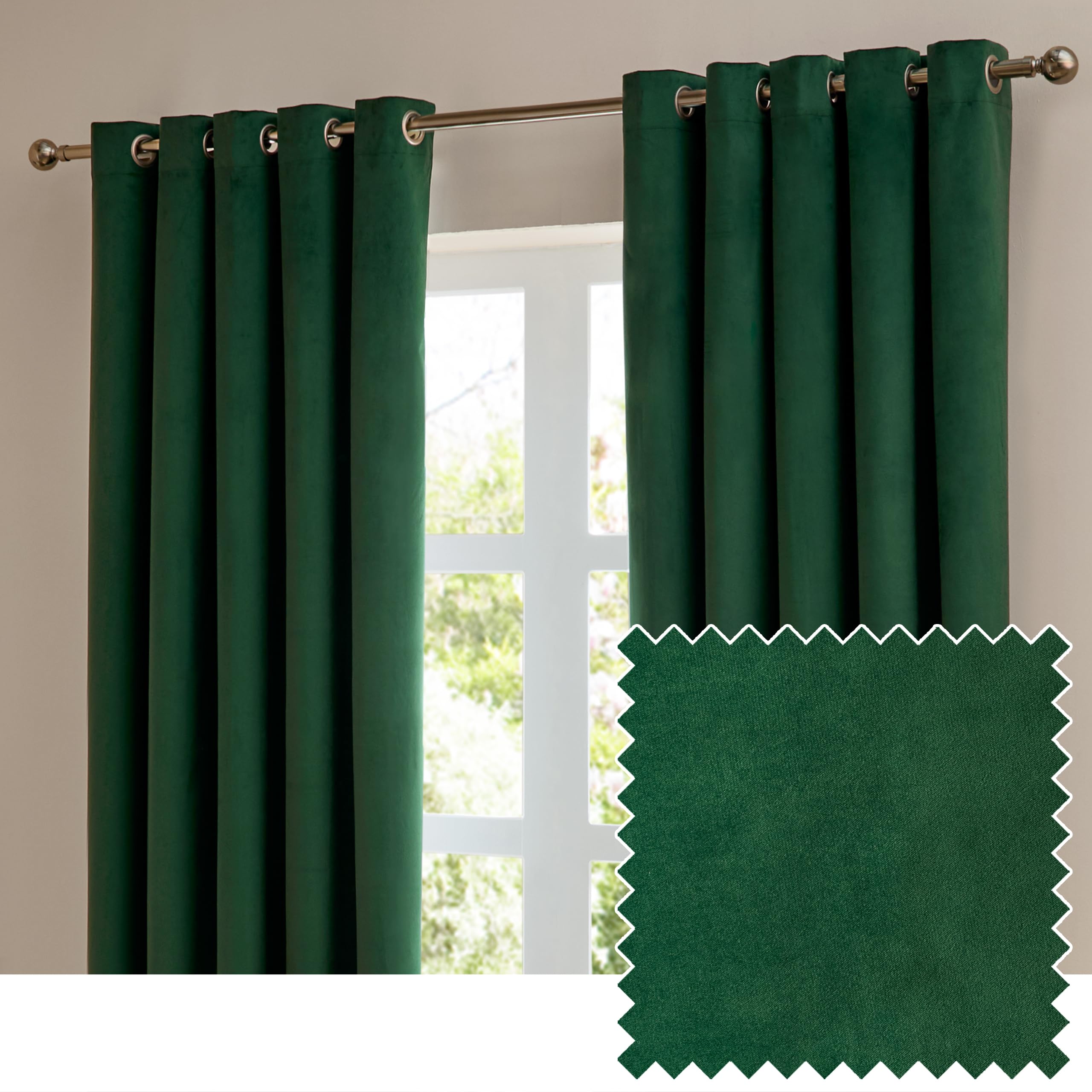 furn. The Ultimate Velvet Blackout Eyelet Curtain Pair – Soft Stylish Light Blocking Thermal Matte Velvet Drapes (Emerald - 117x137cm)