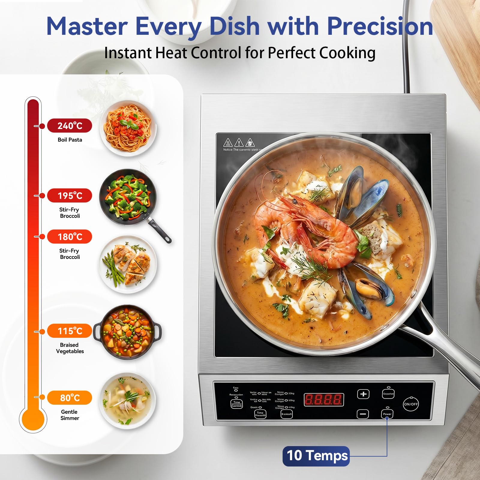 Placa de Inducción 3500W Portátil, Cocina de Inducción Individual con Control Táctil, 10 Niveles de Potencia y Temperatura, Temporizador 4 Horas, Uso Profesional