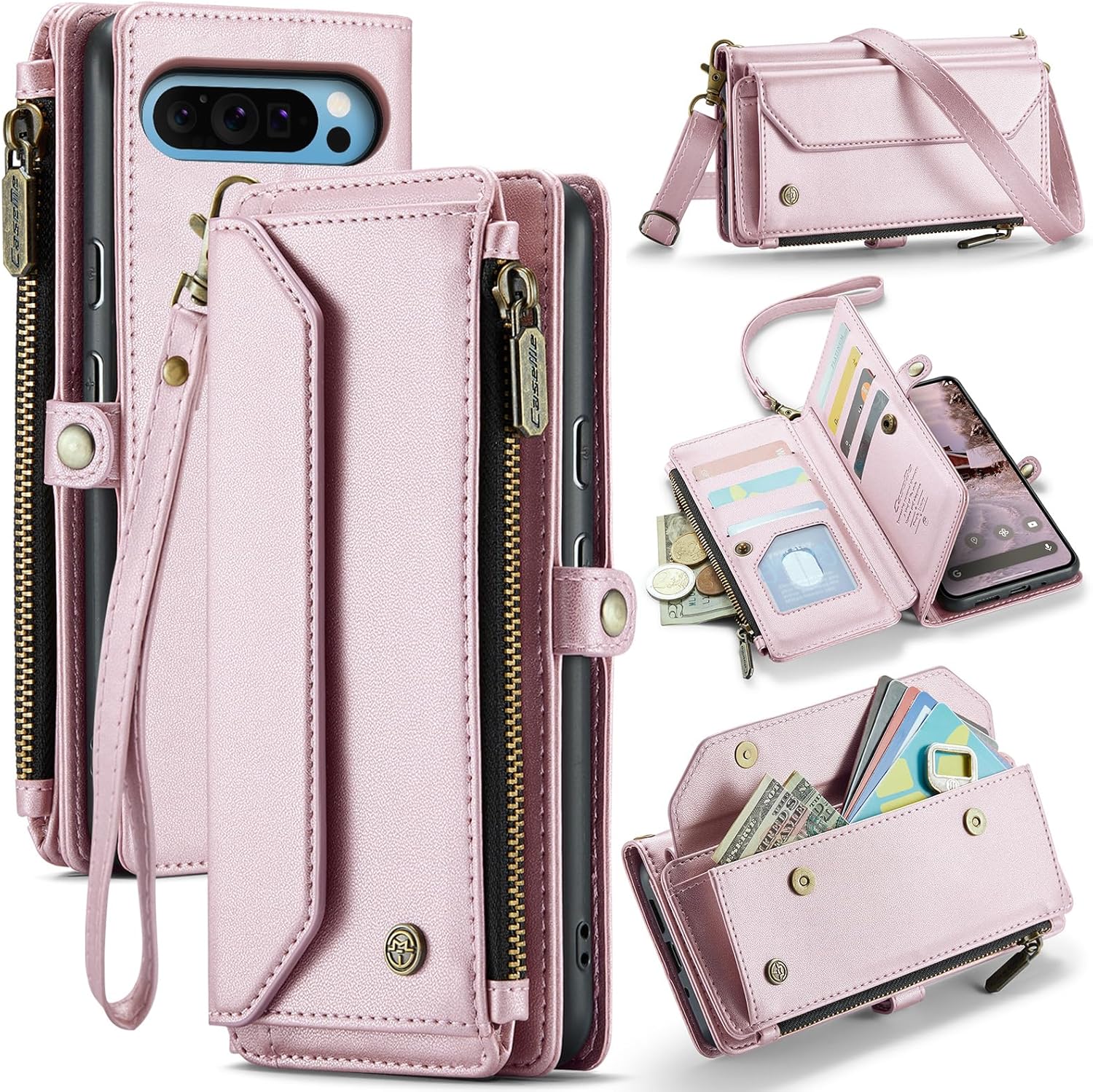 for Google Pixel 9 Pro XL Case, Women Men Multi-Function Wallet Case with Stand RFID Blocking Featuring Magnetic Closure Zipper Includes Shoulder Strap Wrist Strap (Pink, Google 9 Pro XL) Pink Google 9 Pro XL