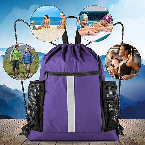 Miniatura 7 de Mochila con cordón BeeGreen, estilo deportivo, bolsa de gimnasio para mujeres y hombres, tamaño grande con dos bolsillos con cremallera y bolsillos