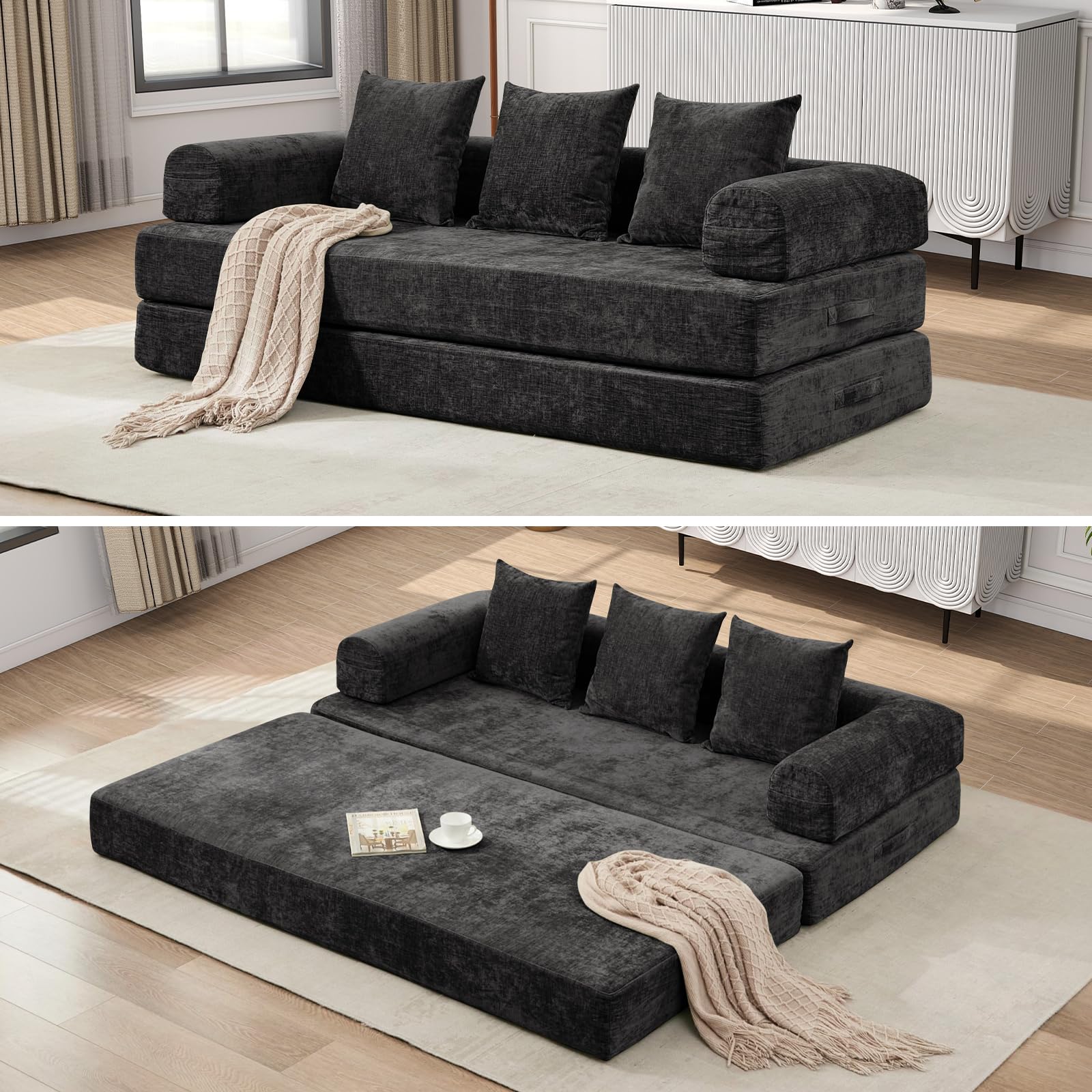 Convertible Folding Sleeper Sofa Bed, Queen Size Chenille Floor Couch Bed with Pockets & Pillows, Lounge Compression Sofa, Foam Boneless Couch,