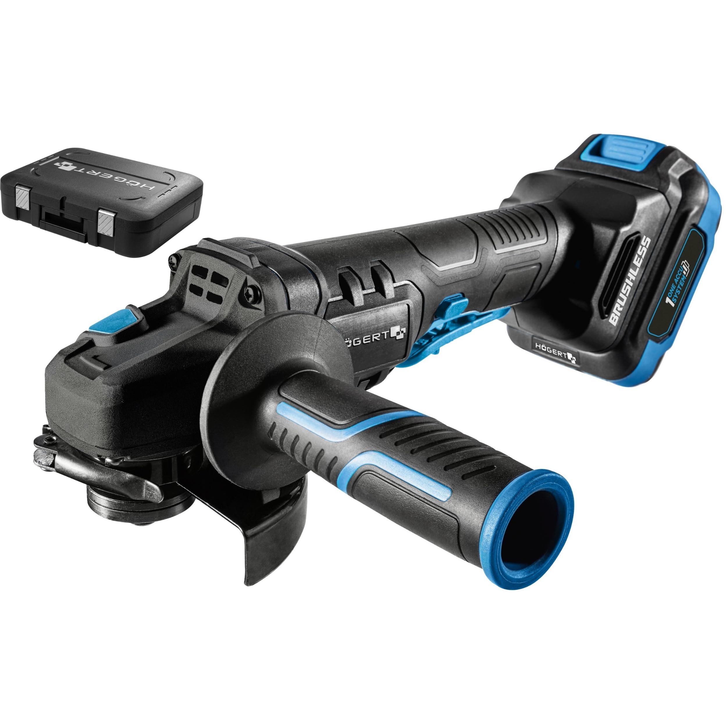 HÖGERT TECHNIK Akumulatorowa szlifierka kątowa zestaw 18 V, 125 mm, silnik bezszczotkowy, przełącznik wiosłowy, 8000 obr./min, akumulator 4,0 Ah, ładowarka 4 A, walizka, oświetlenie LED, do metalu i
